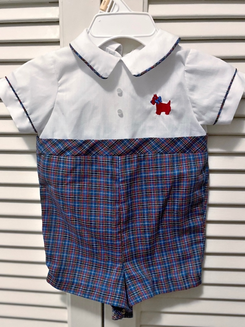 Plaid Romper with Dog Embroidery